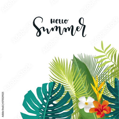 Hello Summer calligraphy card. Vertical summertime banner, poster with exotic tropical leaves, flowers. Bright jungle background. Vivid colors. Hawaiian beach party backdrop. Eps 10 vector