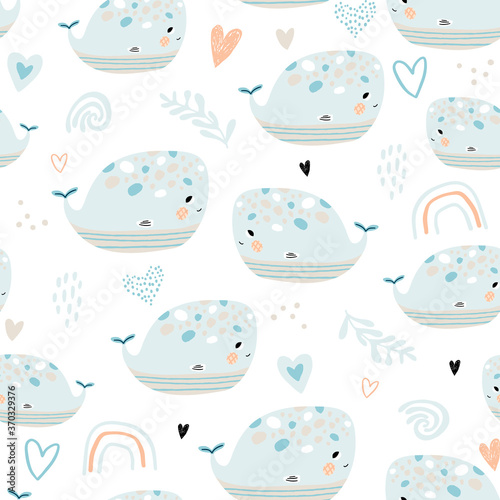 Seamless pattern with cute whales. Childish marine texture for fabric, textile,apparel. Vector background