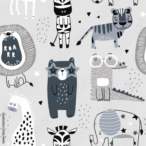 Seamless childish pattern with cute bears, tiger,elephant,giraffe,zebra, crocodile. Creative scandinavian kids texture for fabric, wrapping, textile, wallpaper, apparel. Vector illustration