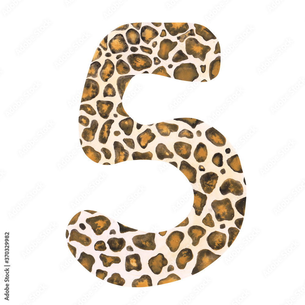 Hand-drawn watercolor number 5 with leopard print isolated on a white background. Bold symbol five with animal pattern for birthday party and other events. Cute jaguar letter for your design. Hand-drawn watercolor number 5 with leopard print isolated on a white background. Bold symbol five with animal pattern for birthday party and other events. Cute jaguar letter for your design.