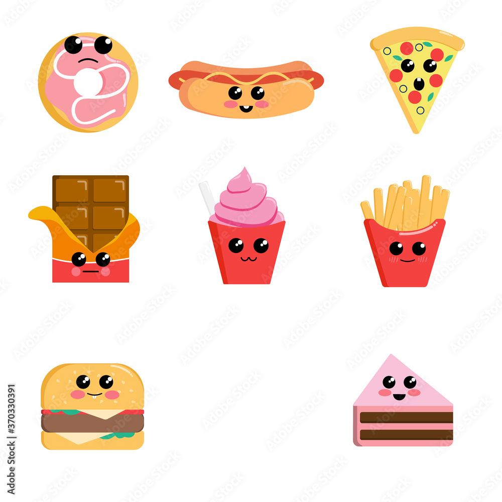 Vector illustration with with background, Set of cute kawaii food Vector illustration with with background, Set of cute kawaii food