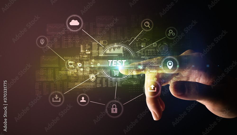 Hand touching TEST inscription, Cybersecurity concept Hand touching TEST inscription, Cybersecurity concept