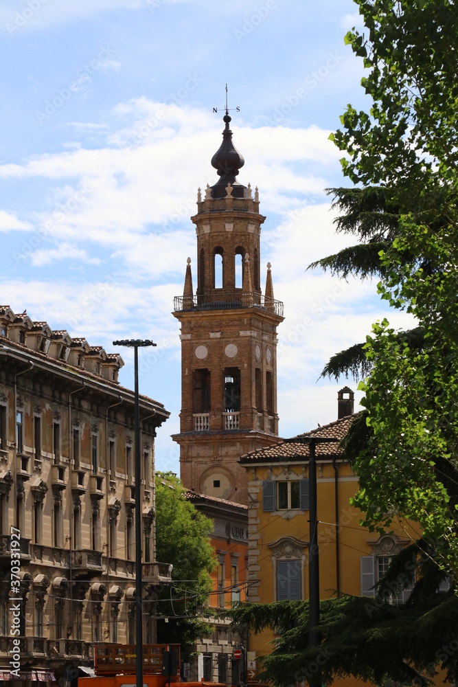Parma, Emilia Romagna, Italy, detail of the municipal tower, touristic place