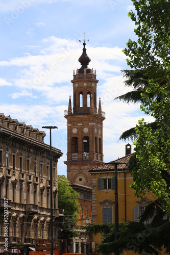 Parma, Emilia Romagna, Italy, detail of the municipal tower, touristic place