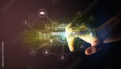 Hand touching INVESTIGATE inscription, Cybersecurity concept