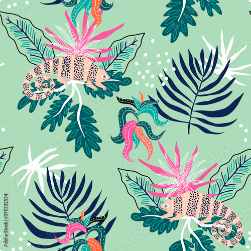 Seamless tropical pattern with iguanas on leaves. Jungle summer background. Perfect for fabric design, wallpaper, apparel. Vector illustration