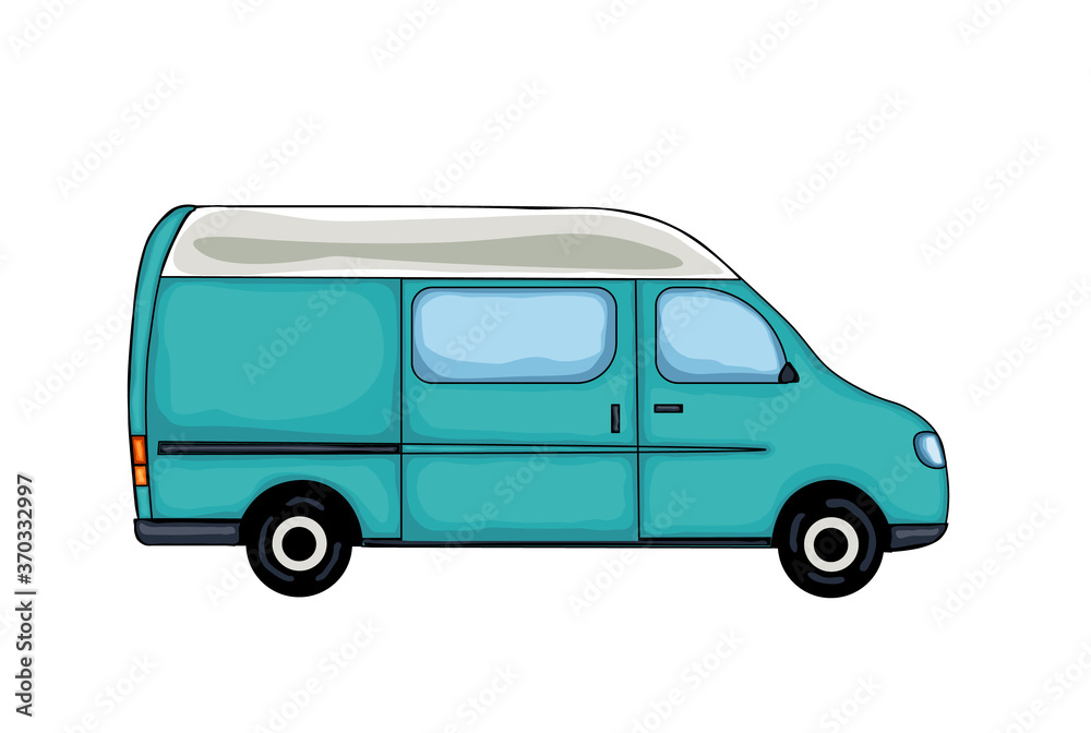 Light blue hand drawn van, isolated on white background. Vector Illustration. 