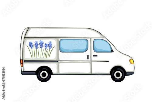 White van with picture of blue muscari flowers. Isolated on white background. Vector Illustration. 