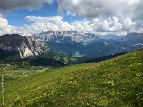 Panoramic view Nature Park Puez Odle     Puez-Geisler and and Sella mountain group.