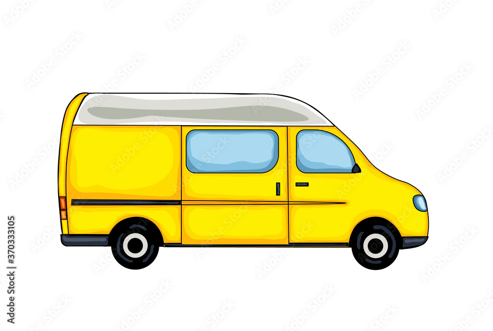 Light yellow hand drawn van, isolated on white background. Vector Illustration.