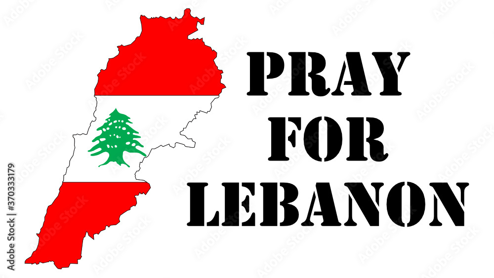 Fototapeta premium Vector illustration with the map and flag of Lebanon and the Pray for Lebanon text to express support for the Beirut and country on a white background
