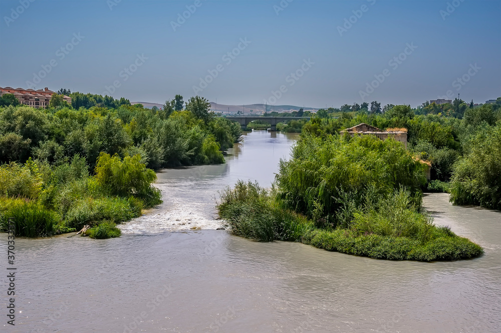 Obraz premium The braided Guadalquivir river flows towards the Saint Rafael bridge in Cordoba, Spain in the summertime