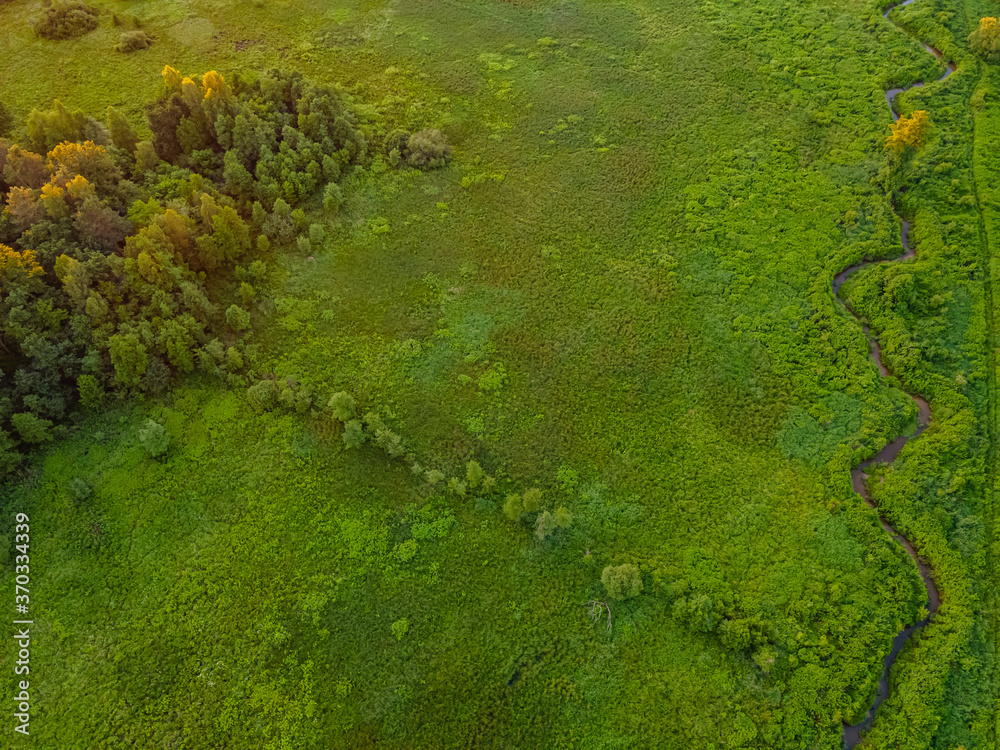 aerial view of a glade with meandering creek