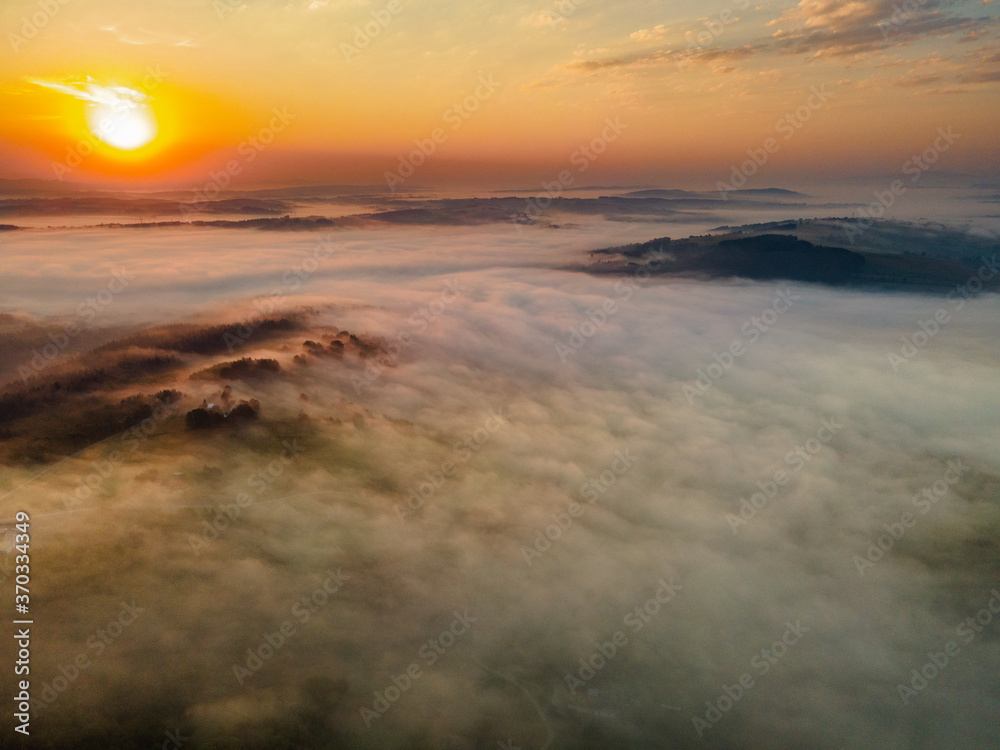 Drone View on Sunrise Above Polish Countryside in Mountains