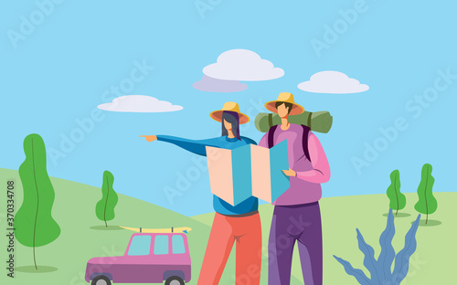 Couple traveling following the location
