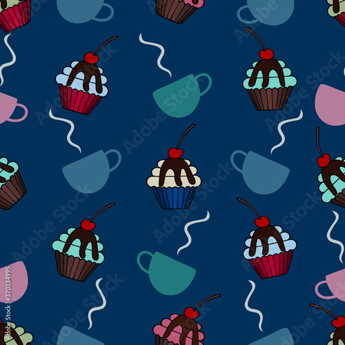 Muffin and a cup of coffee. An endlessly repeating ornament. Cherry cake decoration. Seamless vector pattern. Isolated blue background. Cupcake drizzled with chocolate. Idea for packaging, wrapper.