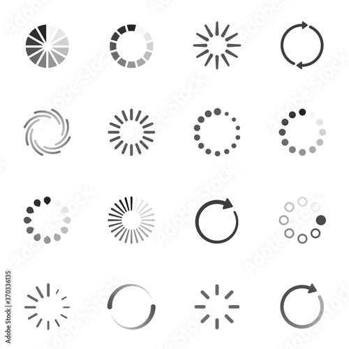 Preloaders round line and bold icons set isolated on white. Downloading, uploading, buffering.