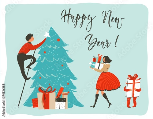 Hand drawn vector abstract fun Merry Christmas time cartoon card poster template with cute illustrations of family people,xmas tree and surprise gift boxes isolated on white background