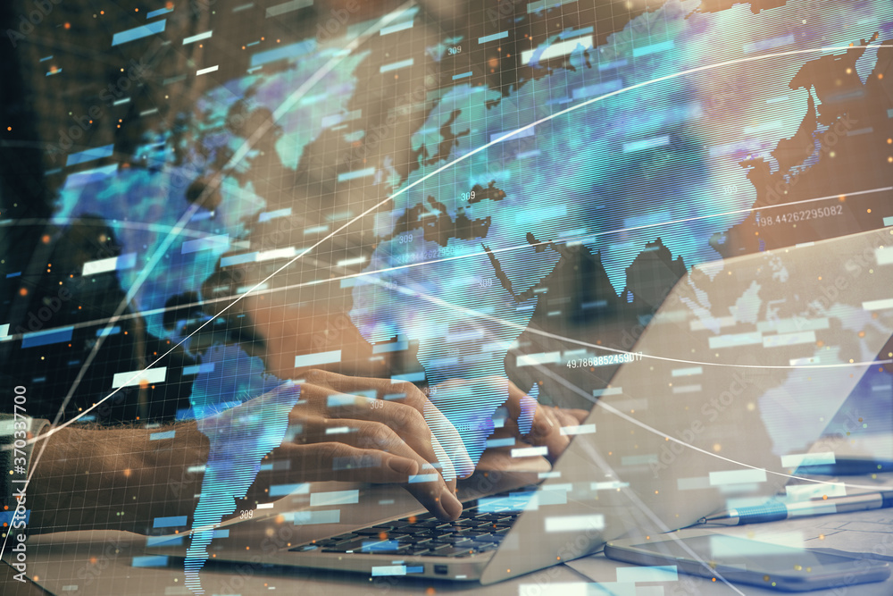 custom made wallpaper toronto digitalBusinessman with computer background with technology theme hologram. Concept of big data. Double exposure.
