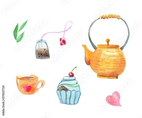 The tea set is painted with watercolors. Orange teapot, tea bag, trass sugar, berries,  brownie, green tea leaves . herbal drink