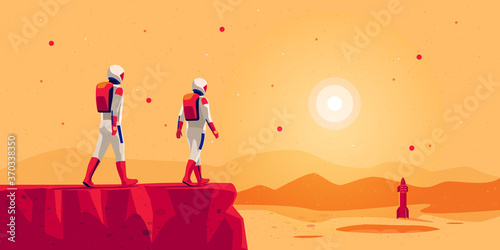 Astronauts explorers walking on mars surface ground mountain landscape with space starship rocket vehicle on launchpad. Future red planet colonisation exploration mission. Starman building colony.