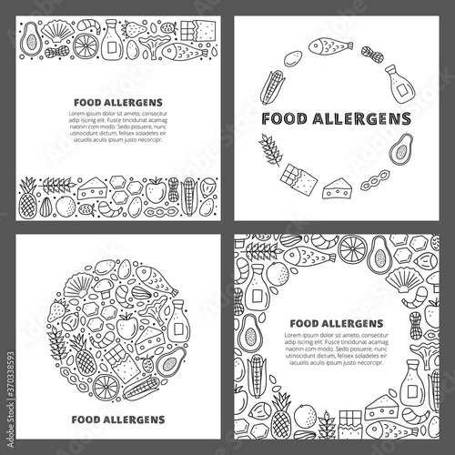 Set of cards with lettering and doodle outline food allergens icons including fish, seafoods, cheese, milk, wheat, mushrooms, honey, chocolate, fruits isolated on white background. Space for text.