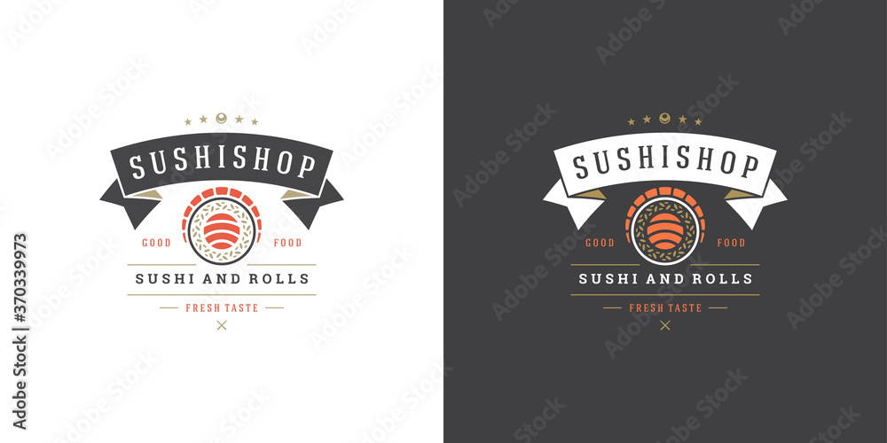 Sushi logo and badge japanese food restaurant with sushi salmon roll asian kitchen silhouette vector illustration