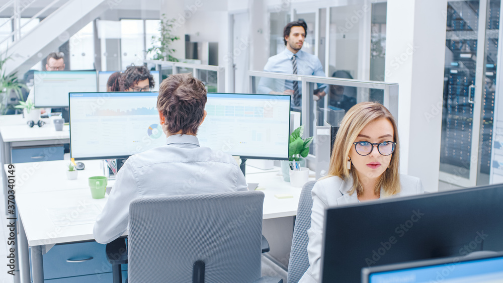 Obraz premium In the Bright Busy Office Rows of Diverse Professionals Working on Desktop Computers, Doing Client Support, Communicating with Customers, Monitoring Statistics.