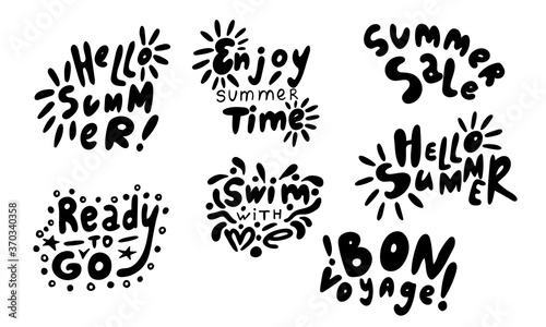 Hand drawn vector inscription. Hello summer quotes collection isolated on white background. Template for banner, poster or print. Summer lettering collection