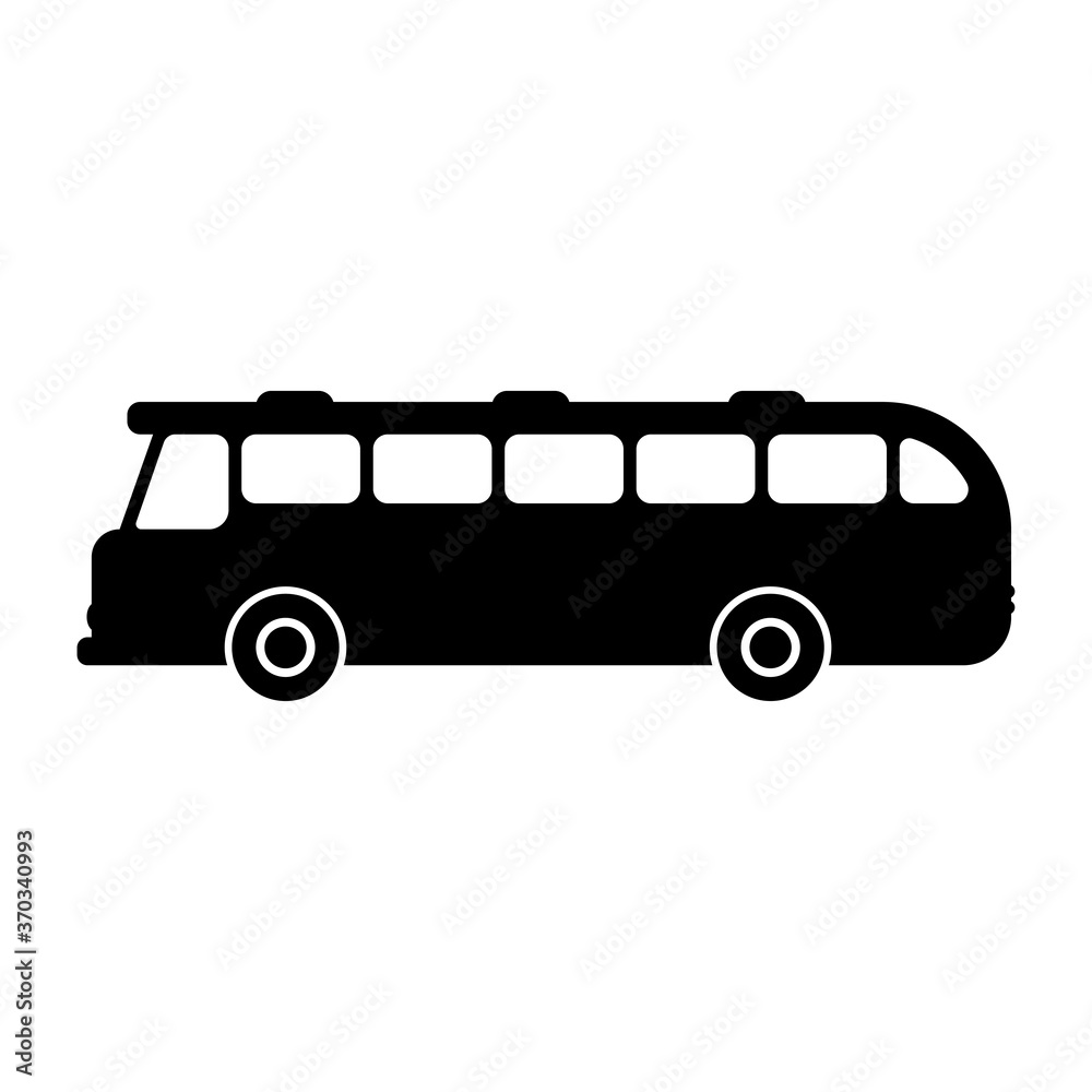 Old classic bus icon. Side view. Black silhouette. Vector flat graphic illustration. The isolated object on a white background. Isolate.