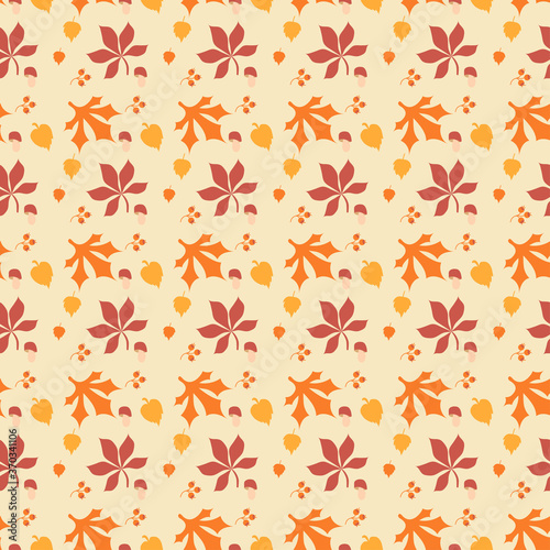 Seamless patterns. Autumn pattern - yellow-orange and burgundy leaves and a mushroom on a light background. For autumn decoration and design, packaging and printing. Vector 