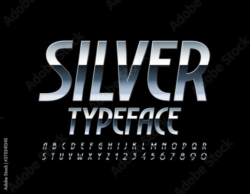Vector Silver Typeface. Premium Elegant Font. Metallic decorative glossy Alphabet Letters and Numbers