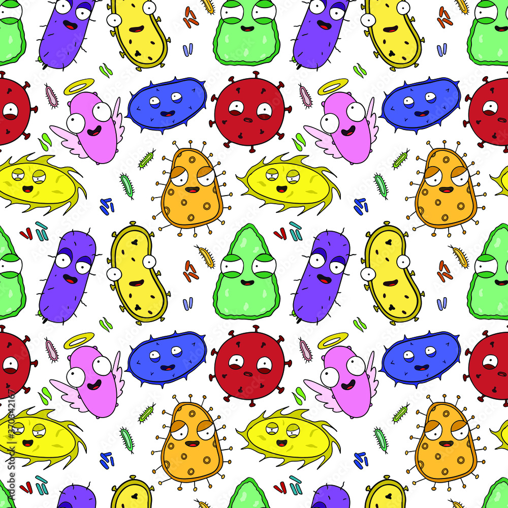 Seamless pattern of cartoon monsters. Funny smiling germs. A character ...