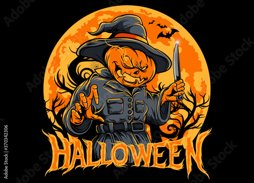 Halloween pumpkin scarecrow holding a knife