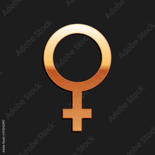 Gold Female gender symbol icon isolated on black background. Venus symbol. The symbol for a female organism or woman. Long shadow style. Vector.