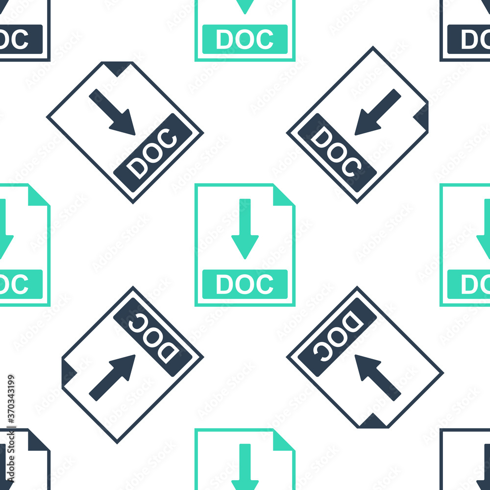 Green DOC file document icon. Download DOC button icon isolated seamless pattern on white background. Vector. Green DOC file document icon. Download DOC button icon isolated seamless pattern on white background. Vector.