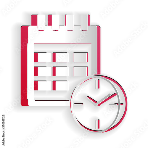 Paper cut Calendar and clock icon isolated on white background. Schedule, appointment, organizer, timesheet, time management, important date. Paper art style. Vector.