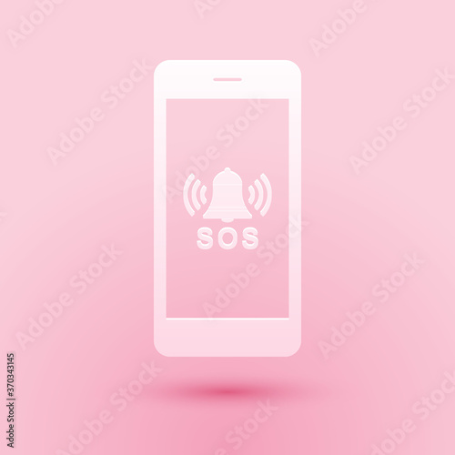 Paper cut SOS call icon isolated on pink background. 911, emergency, help, warning, alarm. Paper art style. Vector.