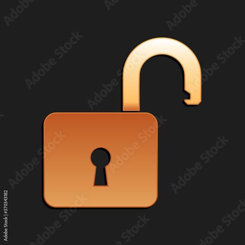 Gold Open padlock icon isolated on black background. Opened lock sign. Cyber security concept. Digital data protection. Safety safety. Long shadow style. Vector.