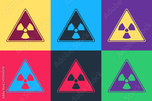 Pop art Triangle sign with radiation symbol icon isolated on color background. Vector.