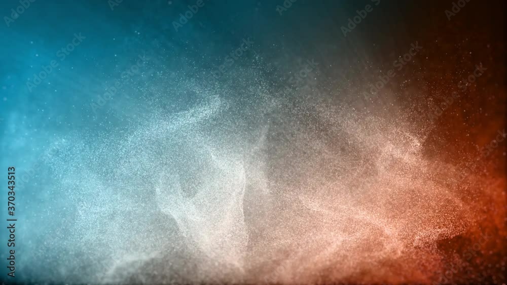 Abstract blue and orange color digital particles wave flow with dust background