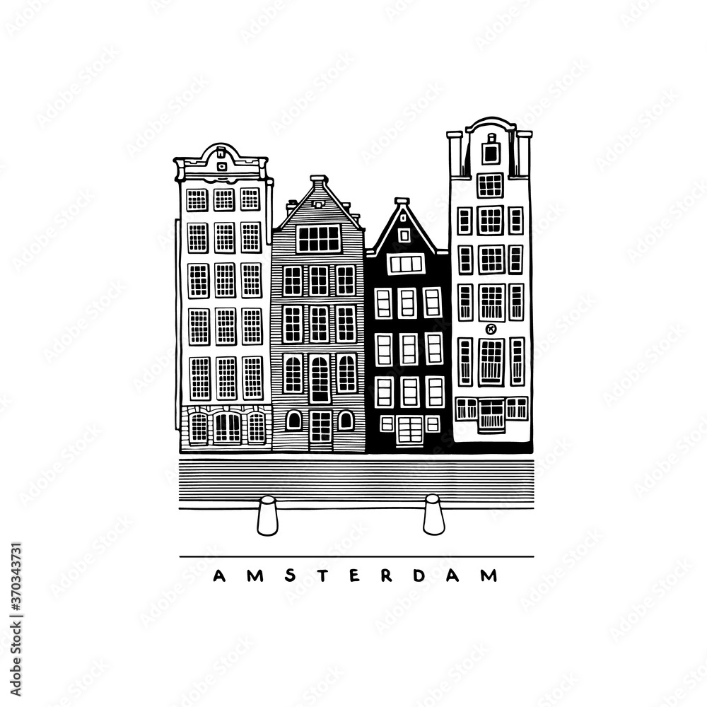 Damrak Avenue, Amsterdam, Netherlands. Central streets, houses, and canals of European city. Hand-drawn collection of urban sketches. Vector illustration on a white background.