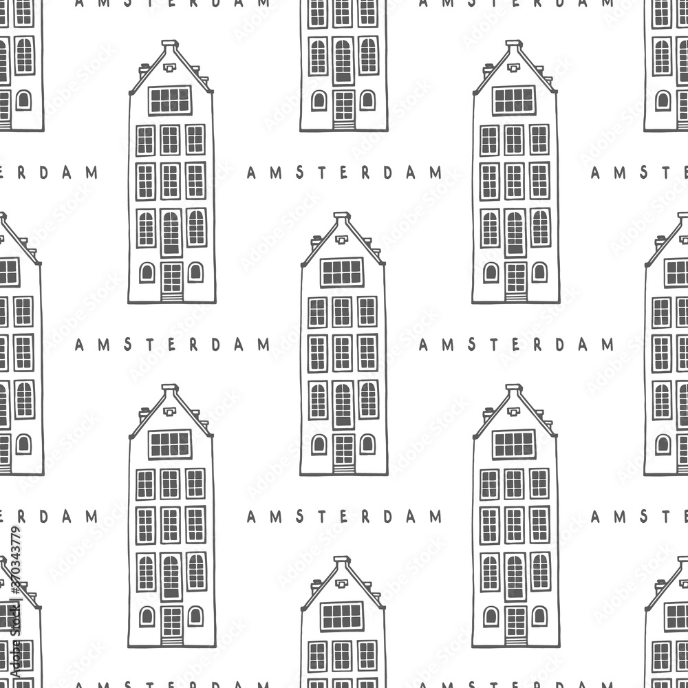 Monochrome seamless pattern of house of the Damrak Avenue and Amsterdam lettering, Netherlands. Vector illustration of European city on a white background.