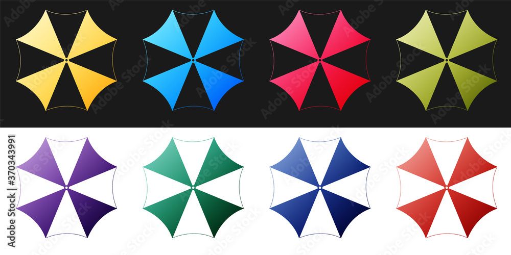 Set Sun protective umbrella fo beach icon isolated on black and white background. Large parasol for outdoor space. Summer vacation or picnic accessory. Vector. Set Sun protective umbrella fo beach icon isolated on black and white background. Large parasol for outdoor space. Summer vacation or picnic accessory. Vector.