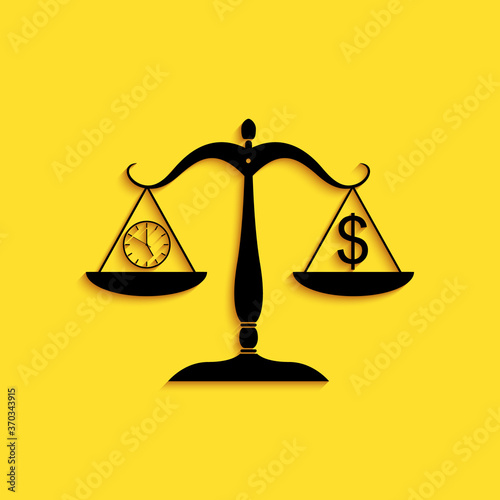 Black Scale weighing money and time icon isolated on yellow background. Scales with hours and a coin. Balance between work and the given time. Long shadow style. Vector.