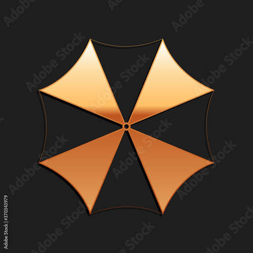 Gold Sun protective umbrella fo beach icon isolated on black background. Large parasol for outdoor space. Summer vacation or picnic accessory. Long shadow style. Vector.
