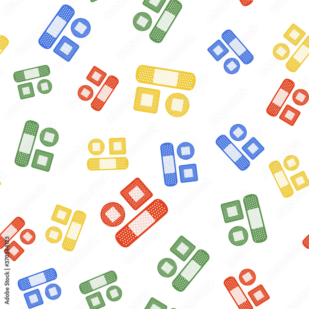Fototapeta premium Color Set Bandage plaster icon isolated seamless pattern on white background. Medical plaster, adhesive bandage, flexible fabric bandage. Vector.