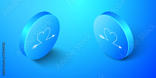 Isometric Cupid arrow heart, Valentines Day cards icon isolated on blue background. Blue circle button. Vector.