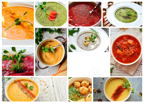 Collage of vegetable soups. Vegetarian food. A variety of cream soups. Menu cover. Free space for text