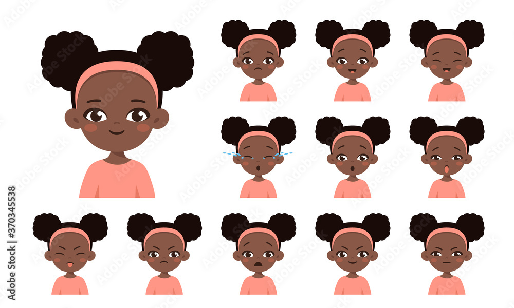 Set of cartoon african american girl with different facial expressions isolated Set of cartoon african american girl with different facial expressions isolated